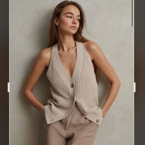 Reiss Sinead Knitted Halter Neck Top With Linen in Neutral L